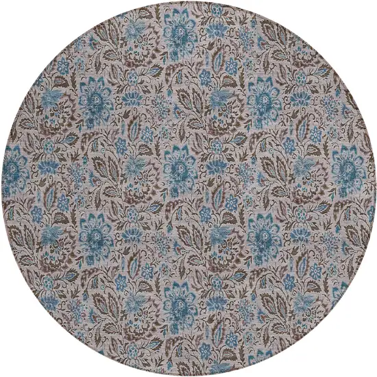 8' Brown And Blue Round Floral Washable Indoor Outdoor Area Rug Photo 2