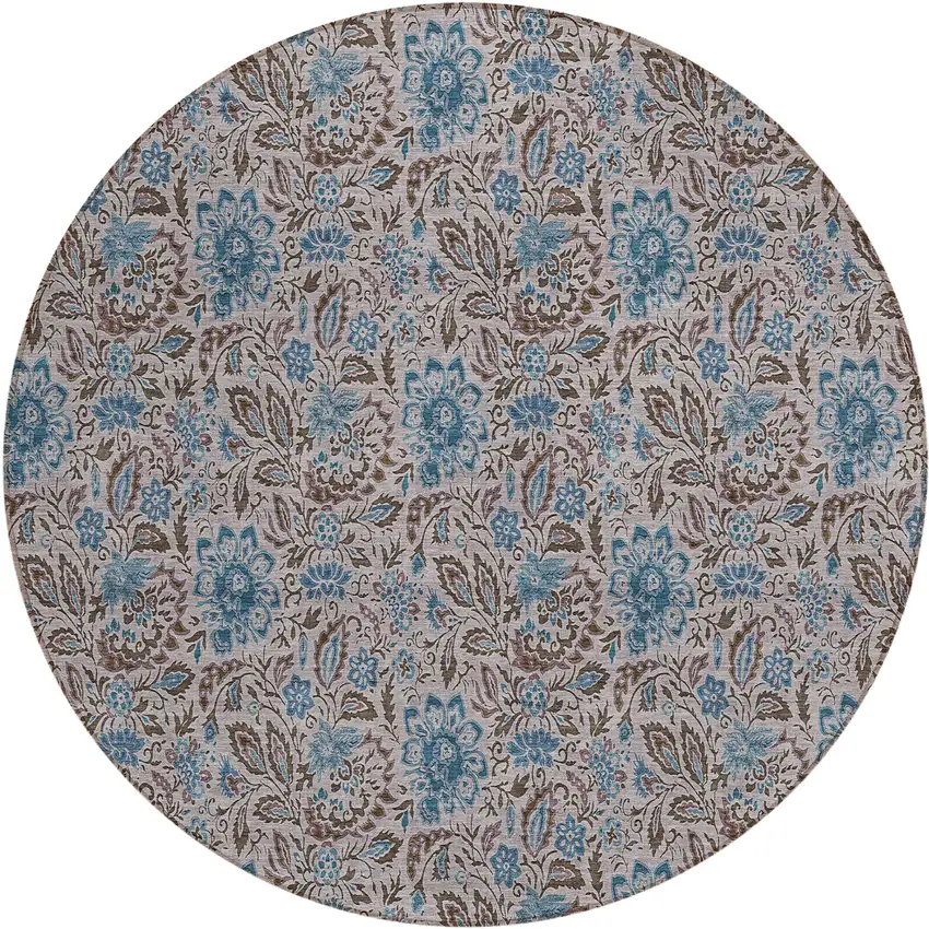 8' Brown And Blue Round Floral Washable Indoor Outdoor Area Rug Photo 2