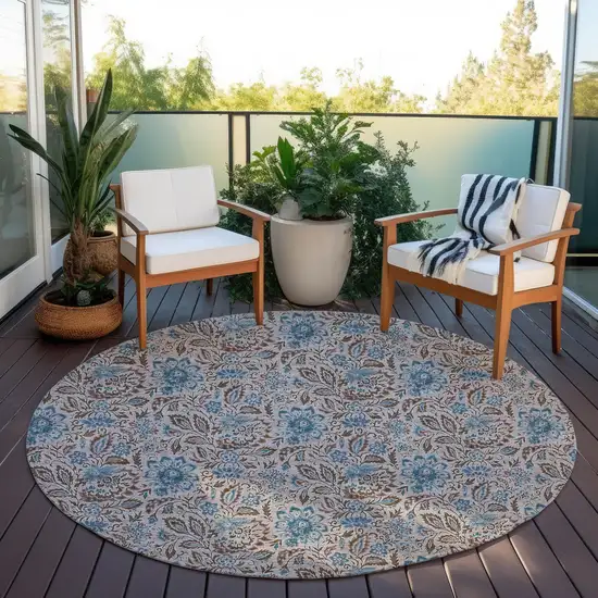 8' Brown And Blue Round Floral Washable Indoor Outdoor Area Rug Photo 7