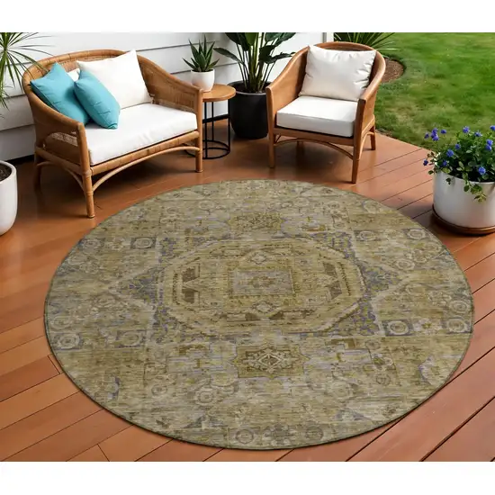 8' Brown And Blue Round Medallion Washable Indoor Outdoor Area Rug Photo 2