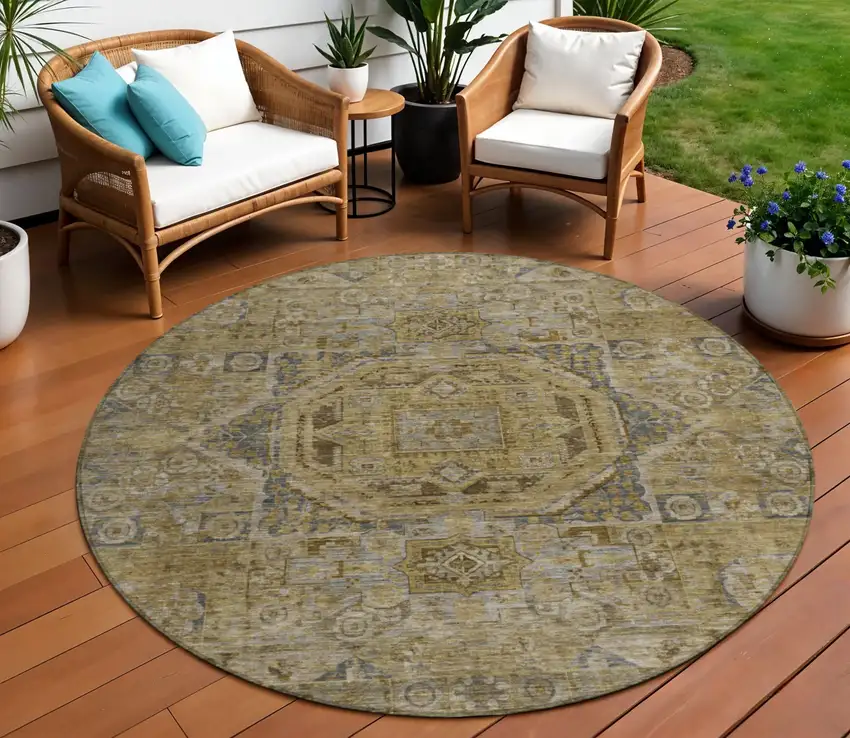 8' Brown And Blue Round Medallion Washable Indoor Outdoor Area Rug Photo 2