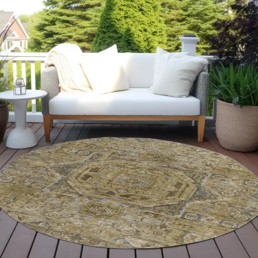 8' Brown And Blue Round Medallion Washable Indoor Outdoor Area Rug Photo 6