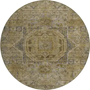 Photo of 8' Brown And Blue Round Medallion Washable Indoor Outdoor Area Rug