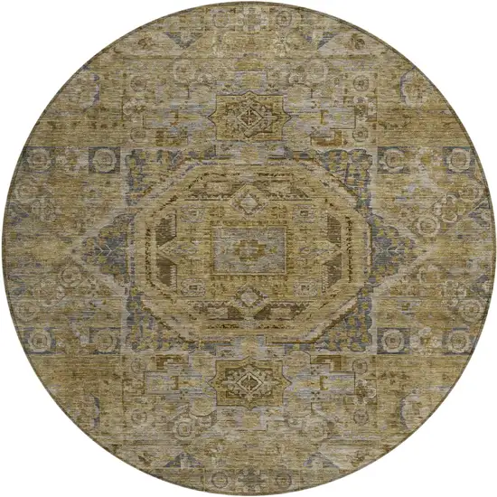 8' Brown And Blue Round Medallion Washable Indoor Outdoor Area Rug Photo 1