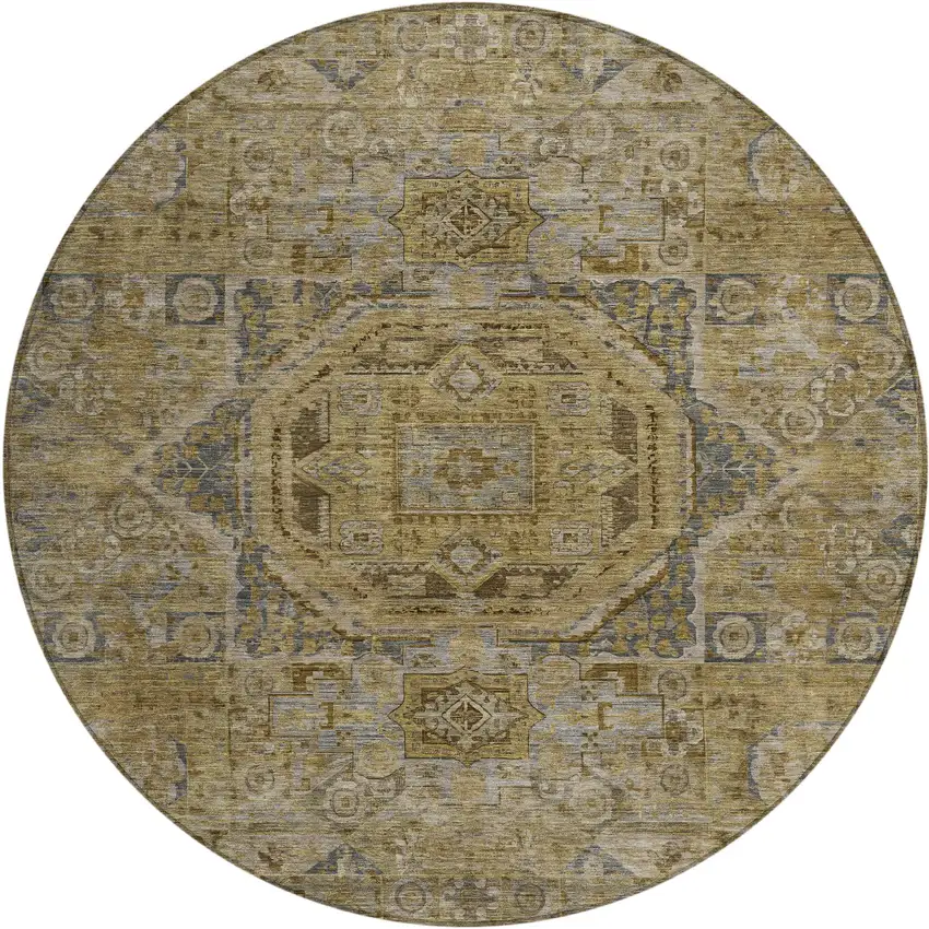 8' Brown And Blue Round Medallion Washable Indoor Outdoor Area Rug Photo 1