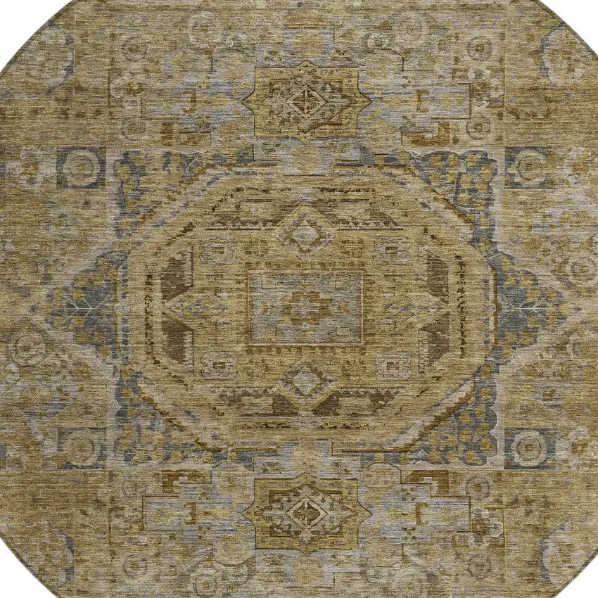 8' Brown And Blue Round Medallion Washable Indoor Outdoor Area Rug Photo 8