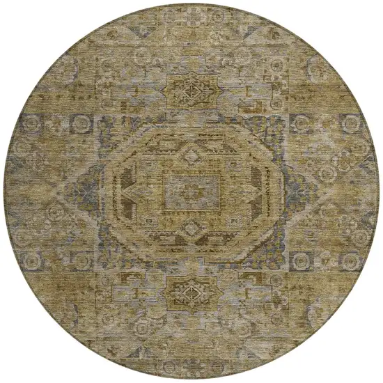 8' Brown And Blue Round Medallion Washable Indoor Outdoor Area Rug Photo 3
