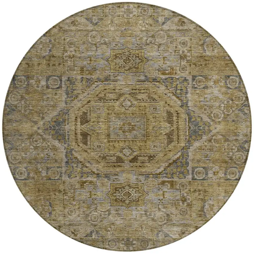 8' Brown And Blue Round Medallion Washable Indoor Outdoor Area Rug Photo 3