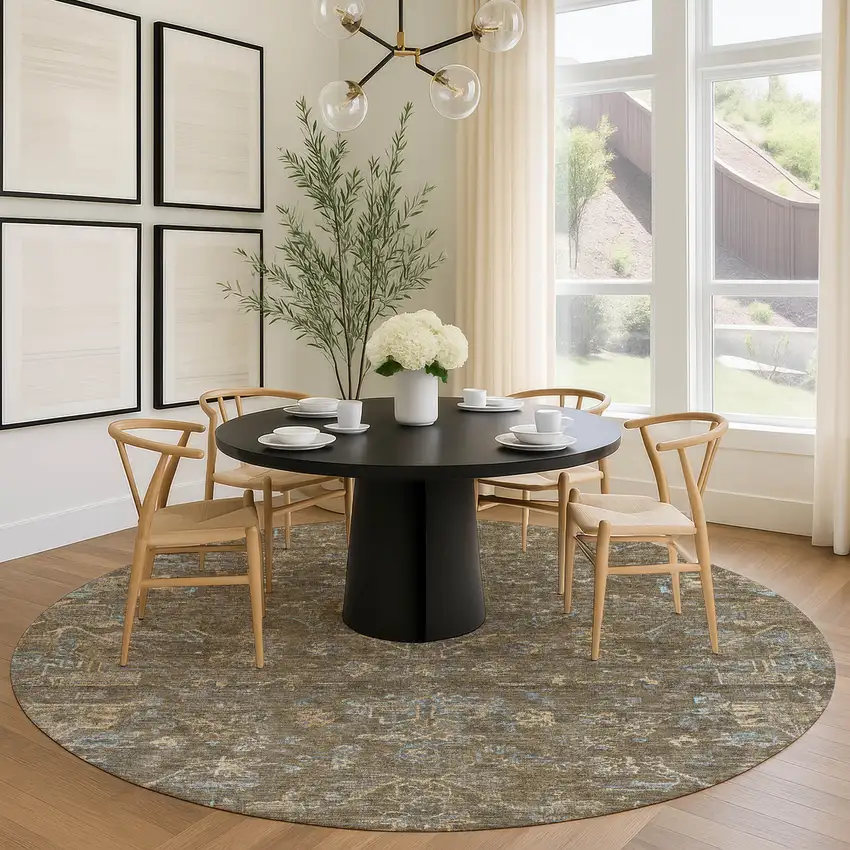 8' Brown And Blue Round Medallion Washable Indoor Outdoor Area Rug Photo 9