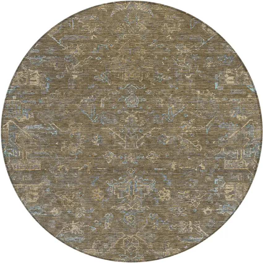 8' Brown And Blue Round Medallion Washable Indoor Outdoor Area Rug Photo 2