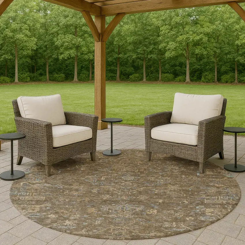 8' Brown And Blue Round Medallion Washable Indoor Outdoor Area Rug Photo 8