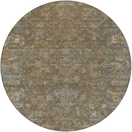 8' Brown And Blue Round Medallion Washable Indoor Outdoor Area Rug Photo 5