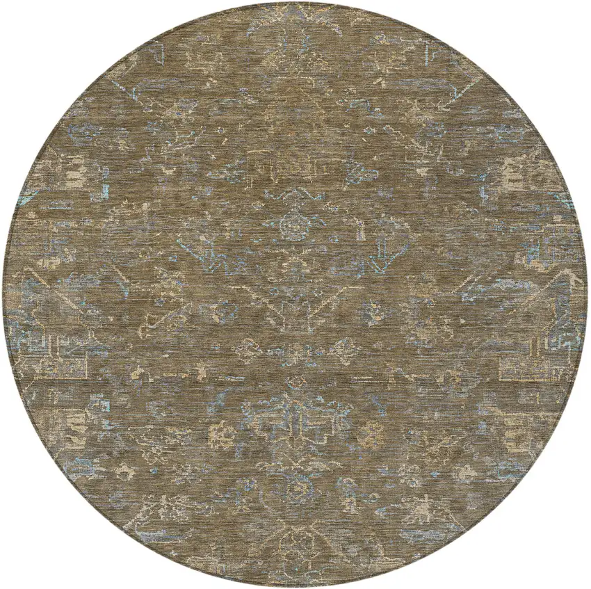 8' Brown And Blue Round Medallion Washable Indoor Outdoor Area Rug Photo 5
