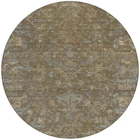 8' Brown And Blue Round Medallion Washable Indoor Outdoor Area Rug Photo 4