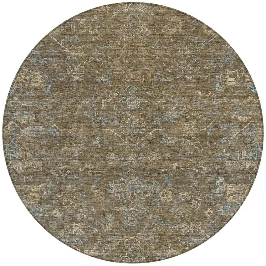 8' Brown And Blue Round Medallion Washable Indoor Outdoor Area Rug Photo 4