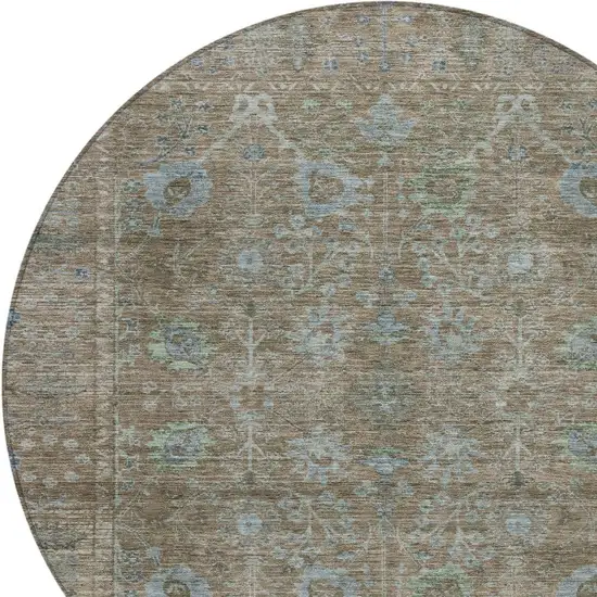 8' Brown And Blue Round Oriental Washable Indoor Outdoor Area Rug Photo 5