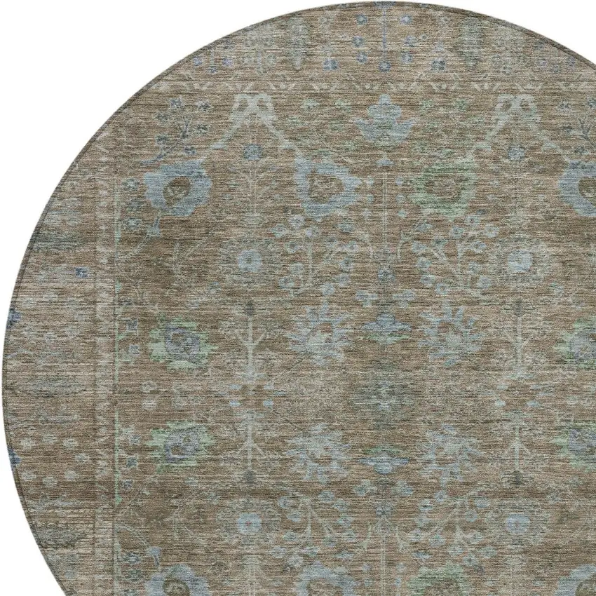 8' Brown And Blue Round Oriental Washable Indoor Outdoor Area Rug Photo 5