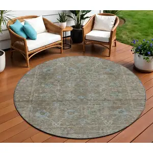 Photo of 8' Brown And Blue Round Oriental Washable Indoor Outdoor Area Rug