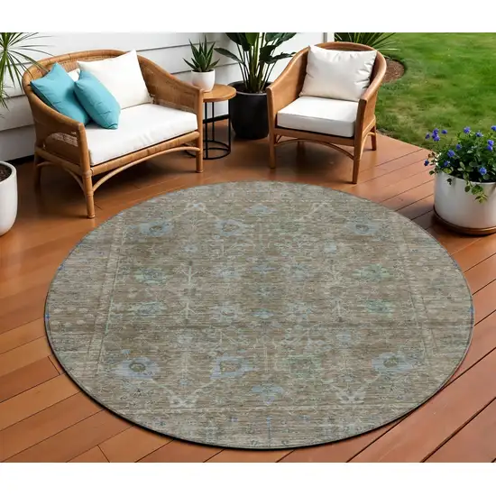 8' Brown And Blue Round Oriental Washable Indoor Outdoor Area Rug Photo 1