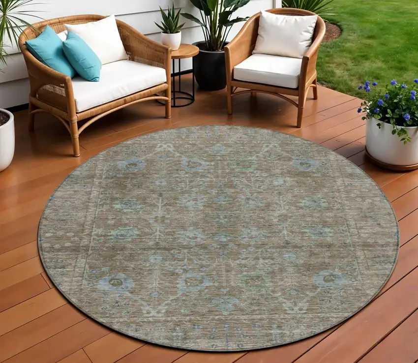 8' Brown And Blue Round Oriental Washable Indoor Outdoor Area Rug Photo 1