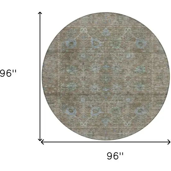 8' Brown And Blue Round Oriental Washable Indoor Outdoor Area Rug Photo 9