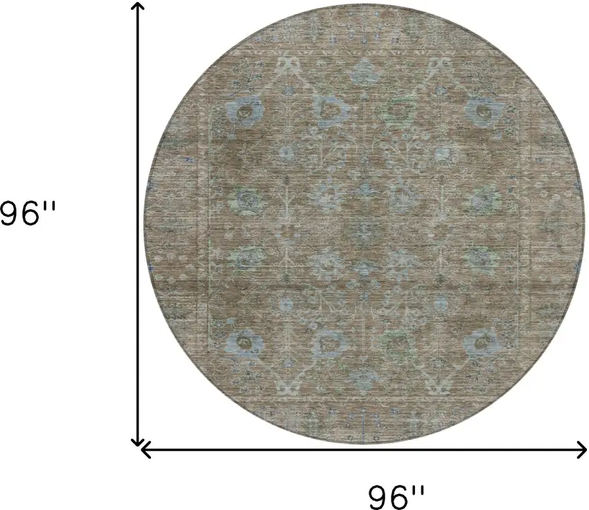 8' Brown And Blue Round Oriental Washable Indoor Outdoor Area Rug Photo 9