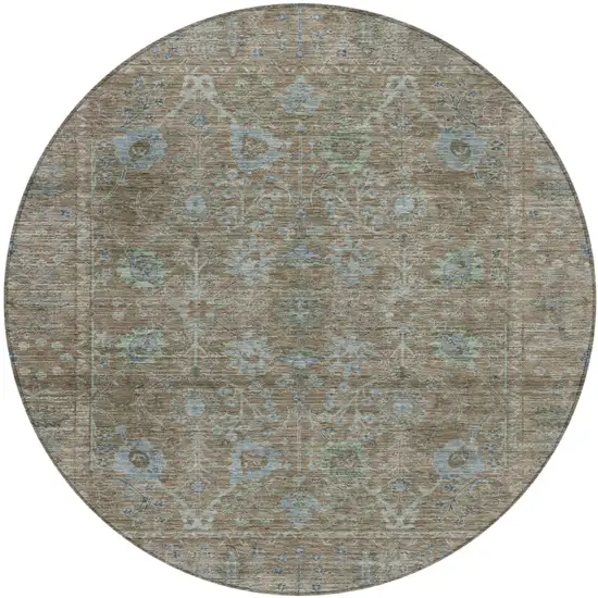 8' Brown And Blue Round Oriental Washable Indoor Outdoor Area Rug Photo 2