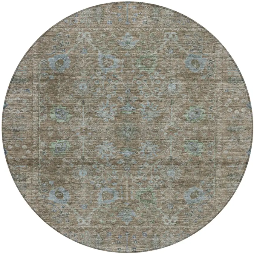 8' Brown And Blue Round Oriental Washable Indoor Outdoor Area Rug Photo 2