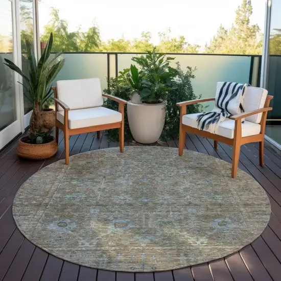 8' Brown And Blue Round Oriental Washable Indoor Outdoor Area Rug Photo 7