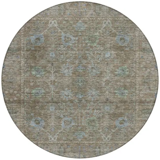 8' Brown And Blue Round Oriental Washable Indoor Outdoor Area Rug Photo 6
