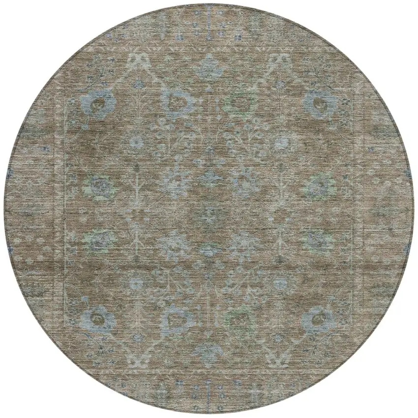 8' Brown And Blue Round Oriental Washable Indoor Outdoor Area Rug Photo 6