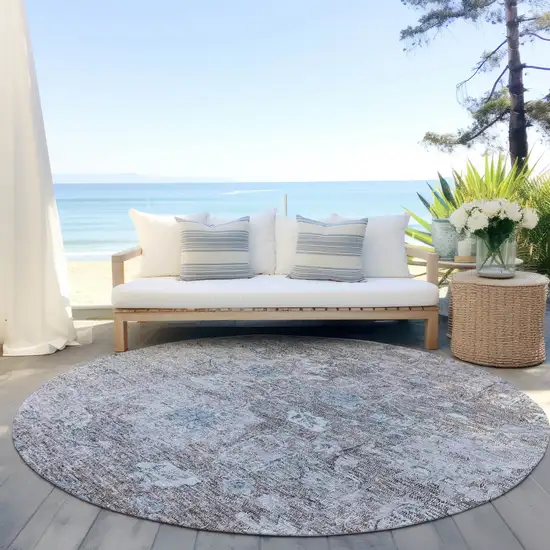 8' Brown And Blue Round Oriental Washable Indoor Outdoor Area Rug Photo 6