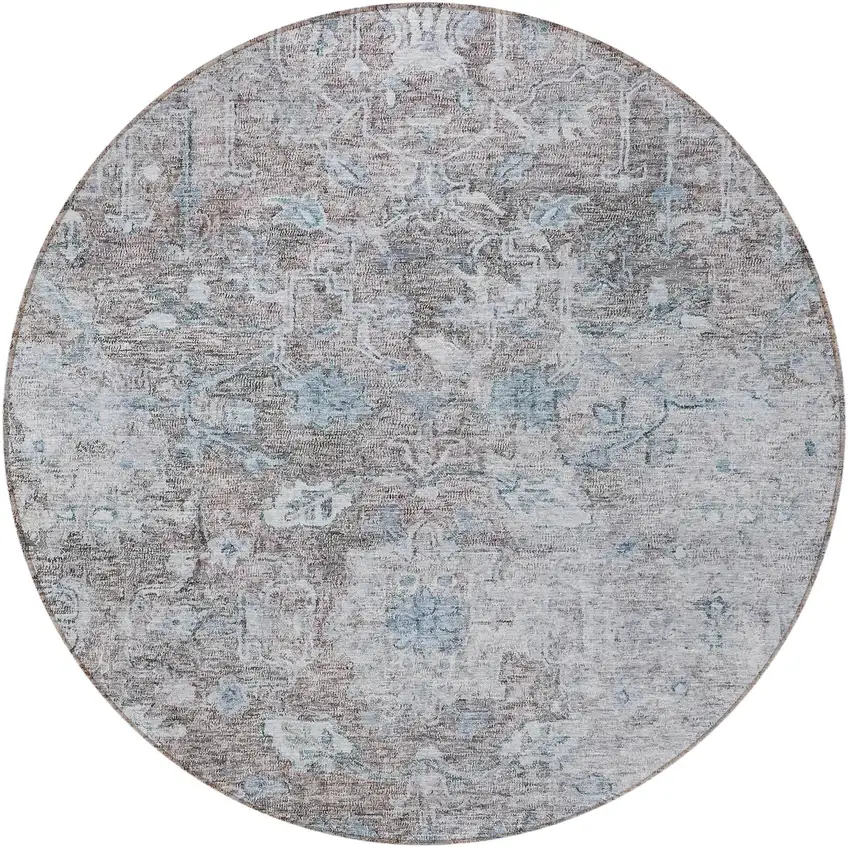 8' Brown And Blue Round Oriental Washable Indoor Outdoor Area Rug Photo 5