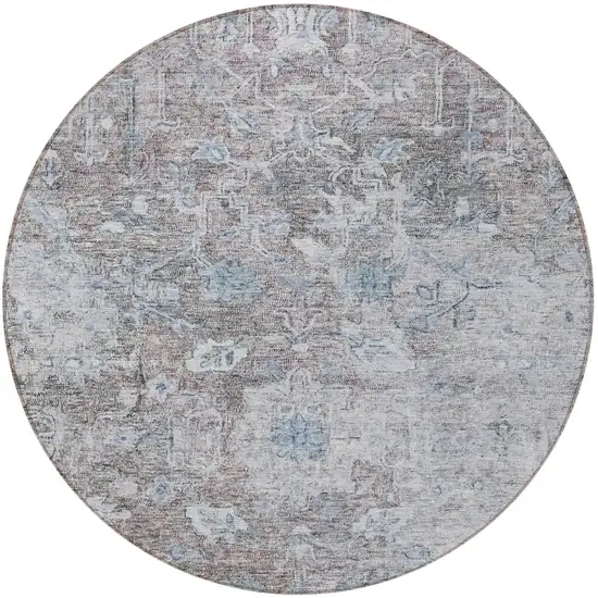 8' Brown And Blue Round Oriental Washable Indoor Outdoor Area Rug Photo 5