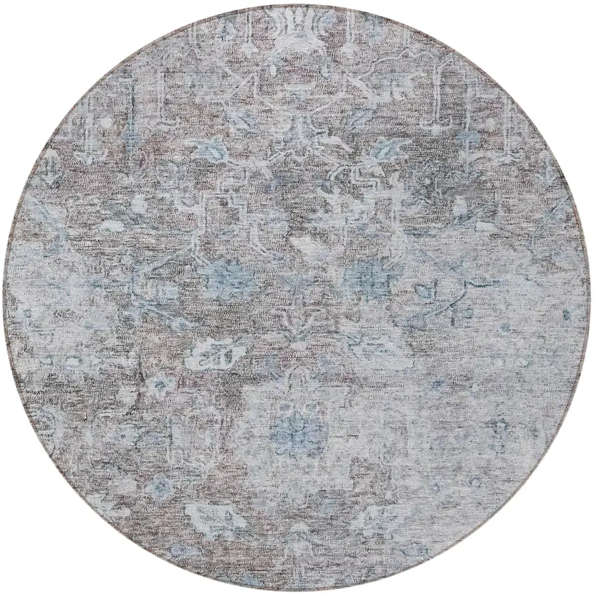 8' Brown And Blue Round Oriental Washable Indoor Outdoor Area Rug Photo 5