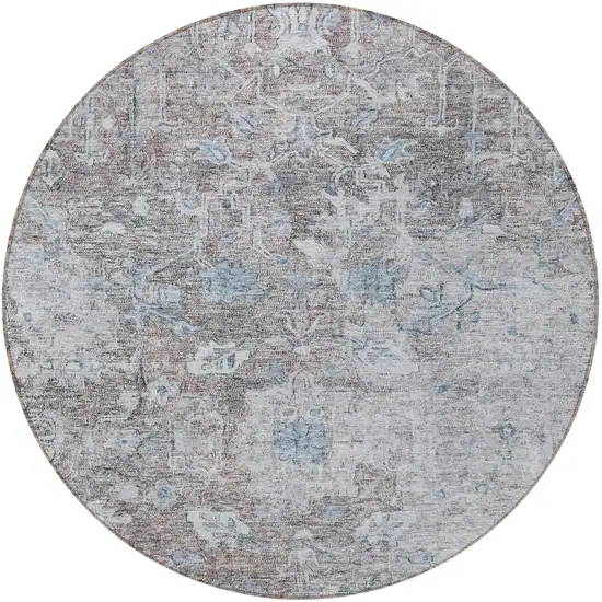 8' Brown And Blue Round Oriental Washable Indoor Outdoor Area Rug Photo 5