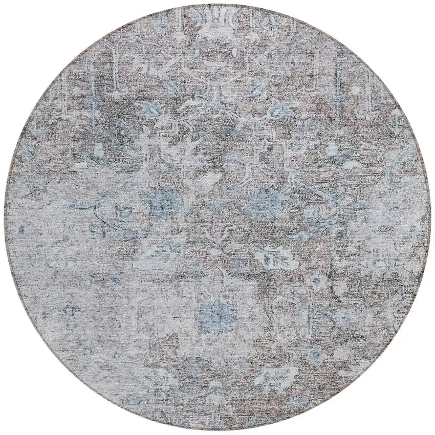 8' Brown And Blue Round Oriental Washable Indoor Outdoor Area Rug Photo 4
