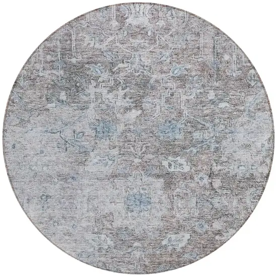 8' Brown And Blue Round Oriental Washable Indoor Outdoor Area Rug Photo 4