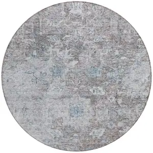 Photo of 8' Brown And Blue Round Oriental Washable Indoor Outdoor Area Rug