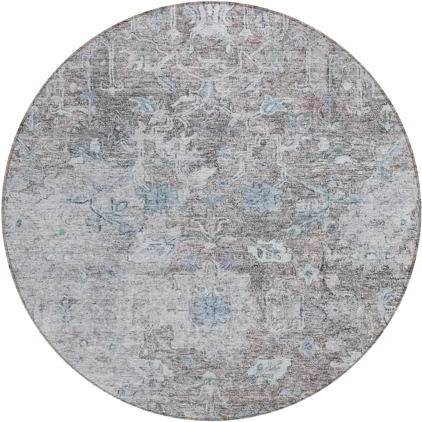 8' Brown And Blue Round Oriental Washable Indoor Outdoor Area Rug Photo 2