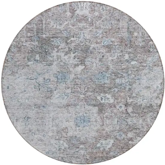 8' Brown And Blue Round Oriental Washable Indoor Outdoor Area Rug Photo 2
