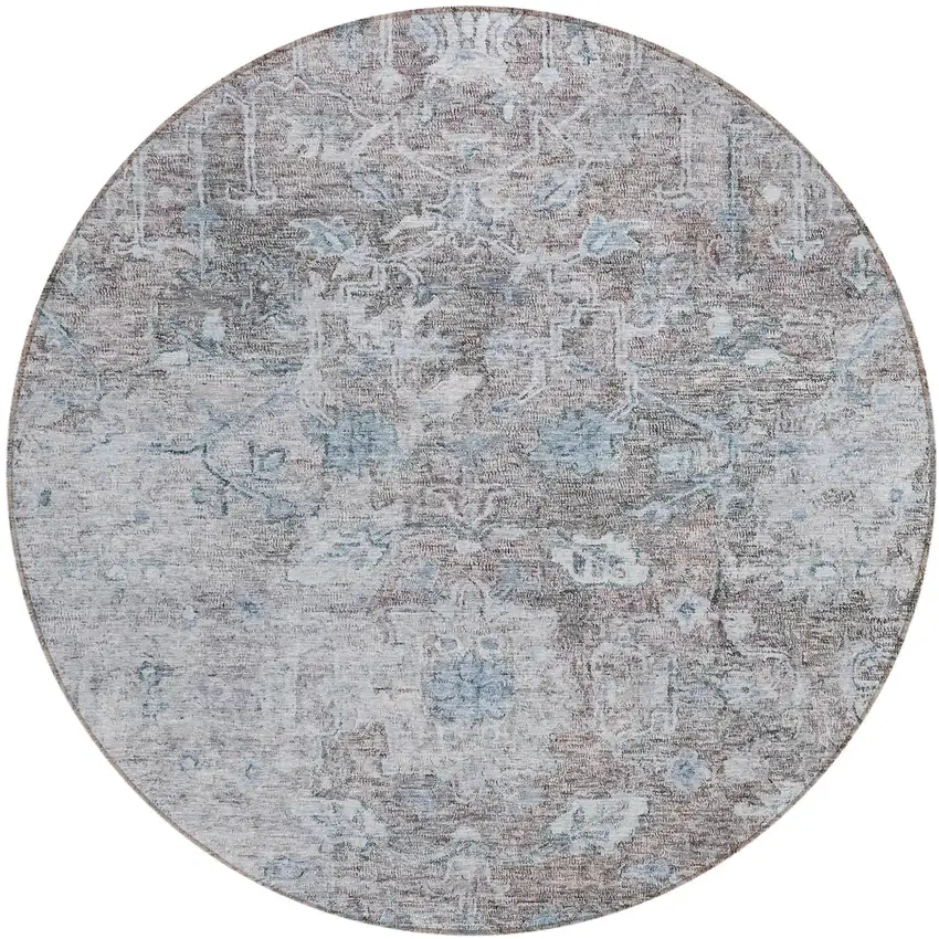 8' Brown And Blue Round Oriental Washable Indoor Outdoor Area Rug Photo 2