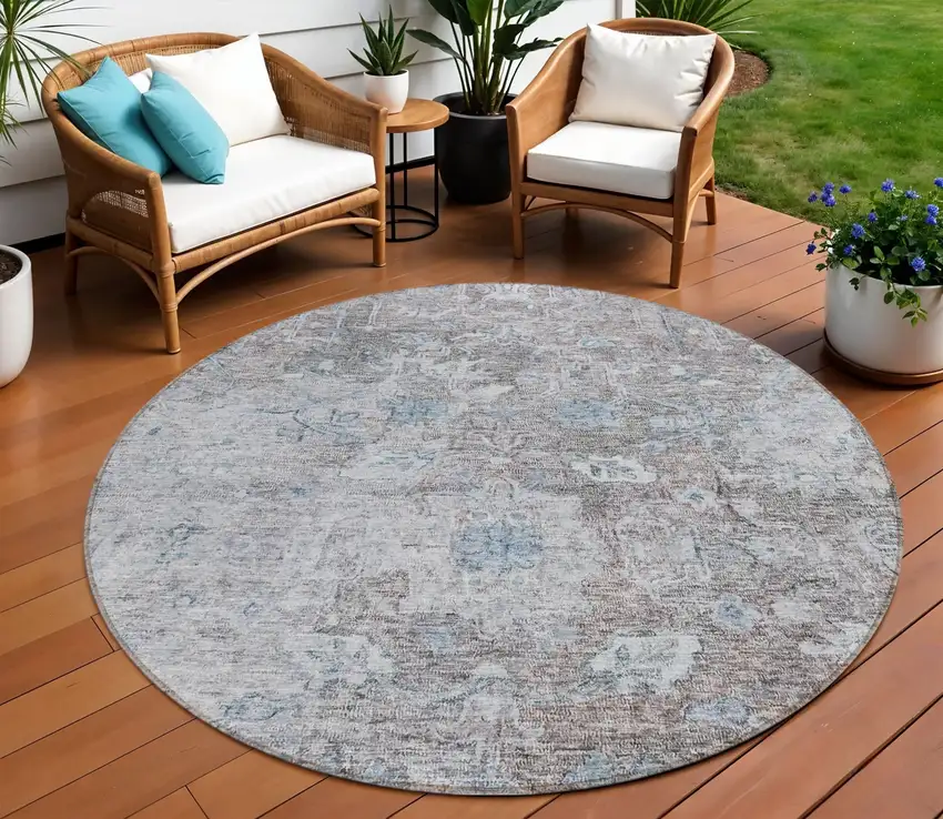 8' Brown And Blue Round Oriental Washable Indoor Outdoor Area Rug Photo 1