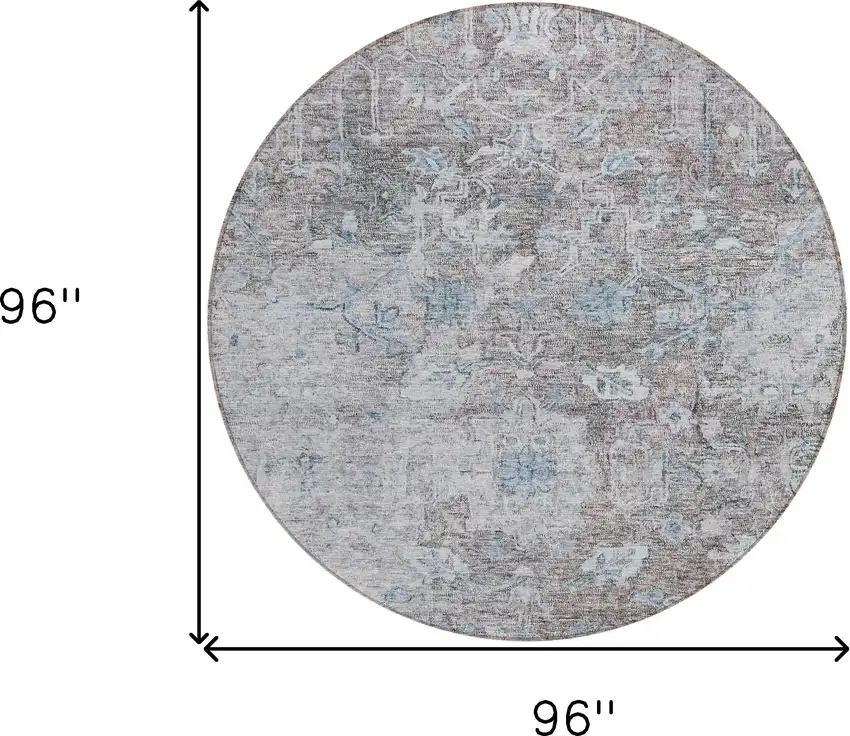 8' Brown And Blue Round Oriental Washable Indoor Outdoor Area Rug Photo 3