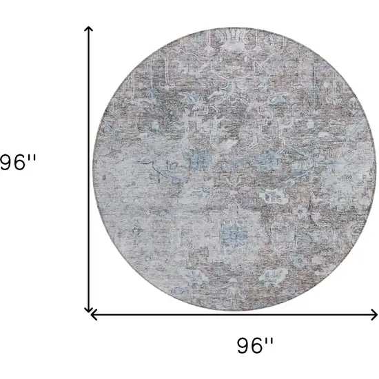 8' Brown And Blue Round Oriental Washable Indoor Outdoor Area Rug Photo 3