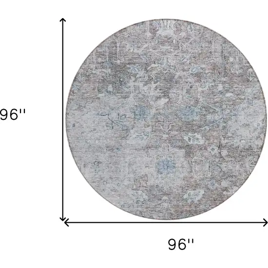 8' Brown And Blue Round Oriental Washable Indoor Outdoor Area Rug Photo 3