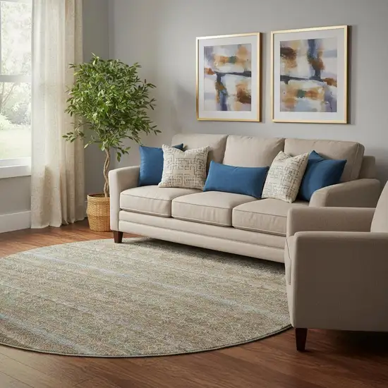 8' Brown And Blue Striped Washable Round Rug With UV Protection Photo 2