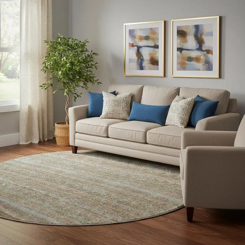 8' Brown And Blue Striped Washable Round Rug With UV Protection Photo 2