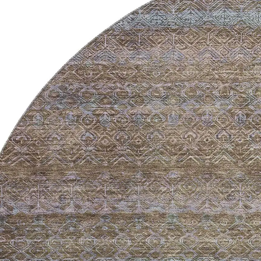 8' Brown And Blue Striped Washable Round Rug With UV Protection Photo 3