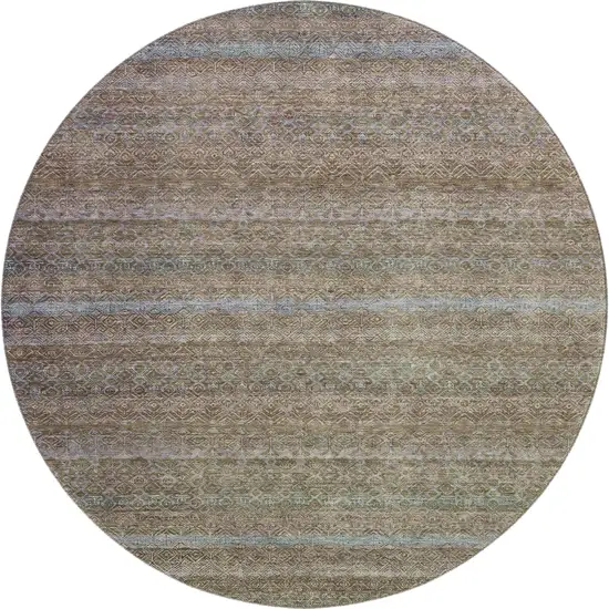 8' Brown And Blue Striped Washable Round Rug With UV Protection Photo 1